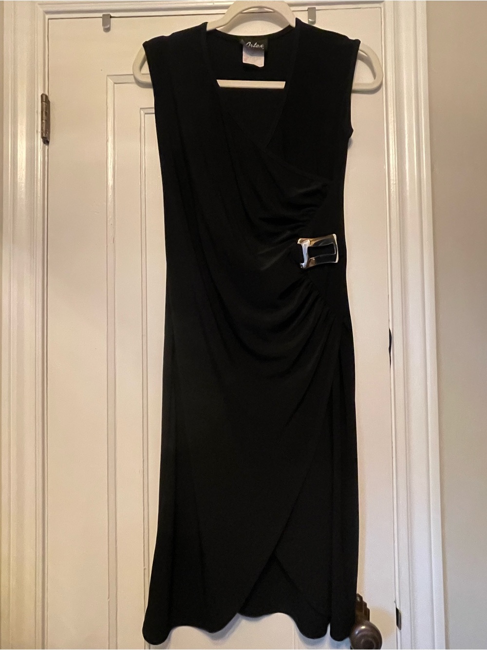 Sleeveless Black Asymmetrical Draped Dress with Buckle Accent